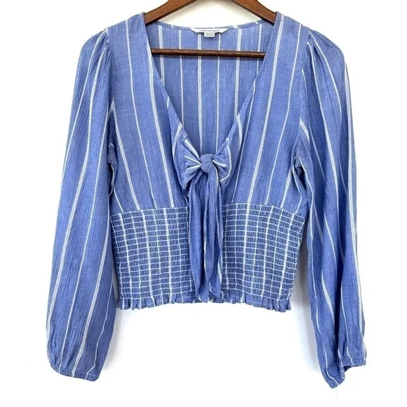 American Eagle top with deep v-neckline & tie, ruched waist, long sleeves - Picture 1 of 11